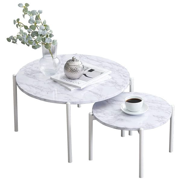 Hagiwara LT-4666MWH Low Table, Nest Table, Round Desk, Marble Style Top x Steel Legs, Stylish, Modern, Living Room, Sofa Table, Large and Small, 2-Piece Set, White, Large, Width 25.2 inches (64 cm), Small: Width 17.3 inches (44 cm) Online Hot Sale