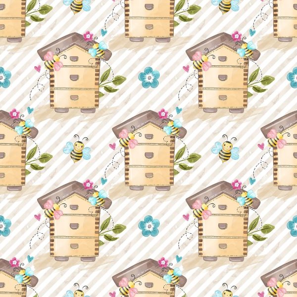 Honey Bee Colony & Stripes Fabric - White Brown Online Hot Sale
