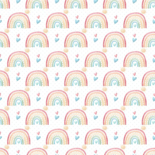 Packed Rainbows & Hearts Fabric - White Sale