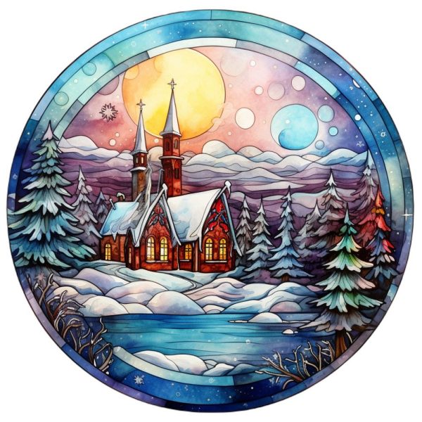 Stained Glass Church on Lake Fabric Panel Fashion